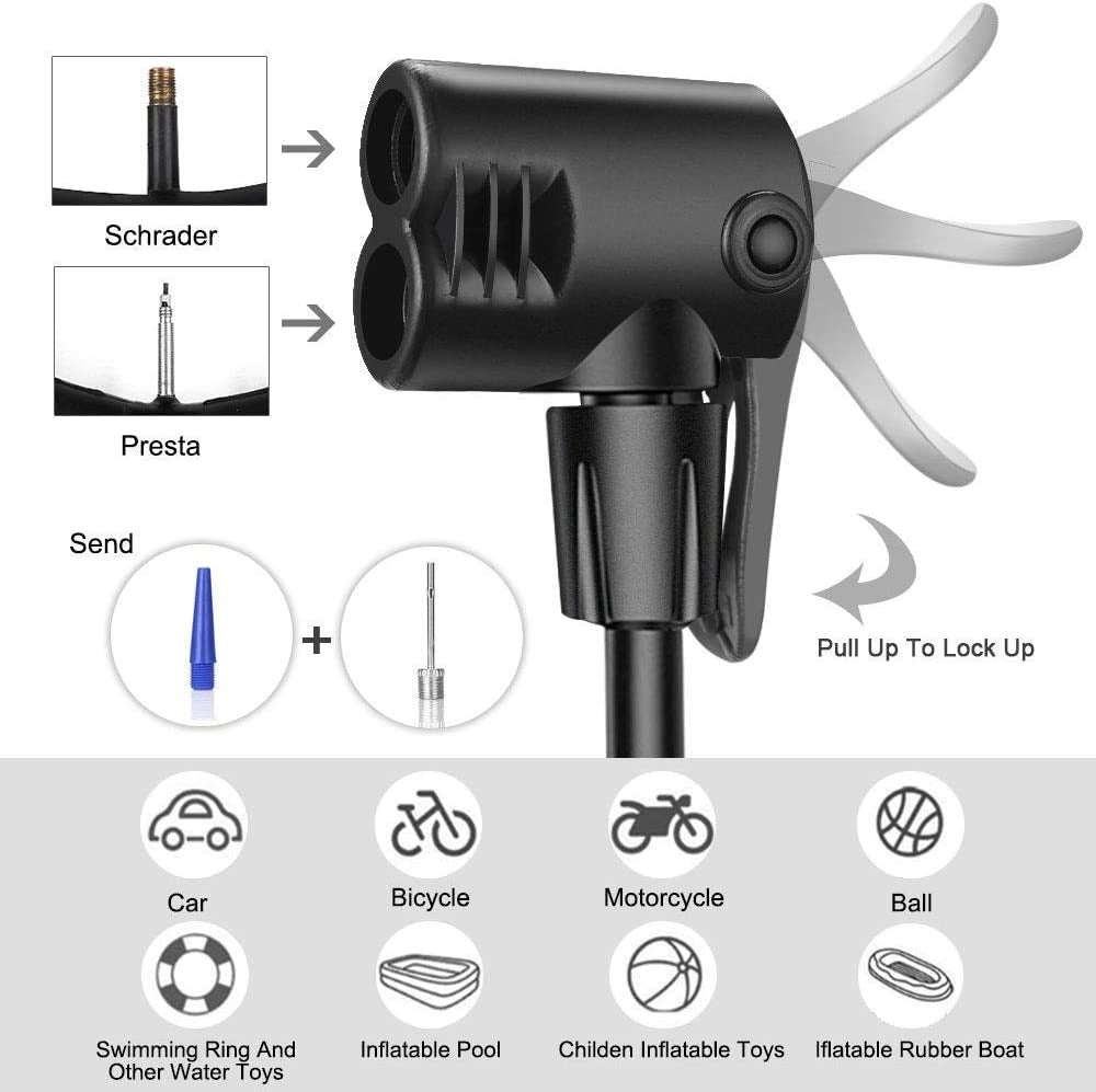 Black bicycle pump with valve compatibility diagram on a white background