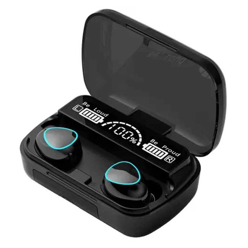 Black wireless earbuds with digital display in open charging case on white background