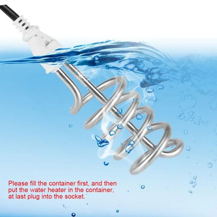 Electric water heater coil submerged in water with instructions on a blue background