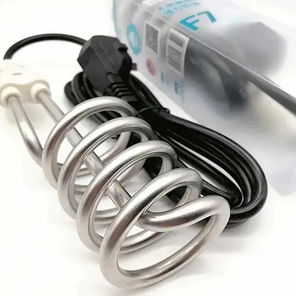 Metal heating element with coiled design and black power cord on a white background