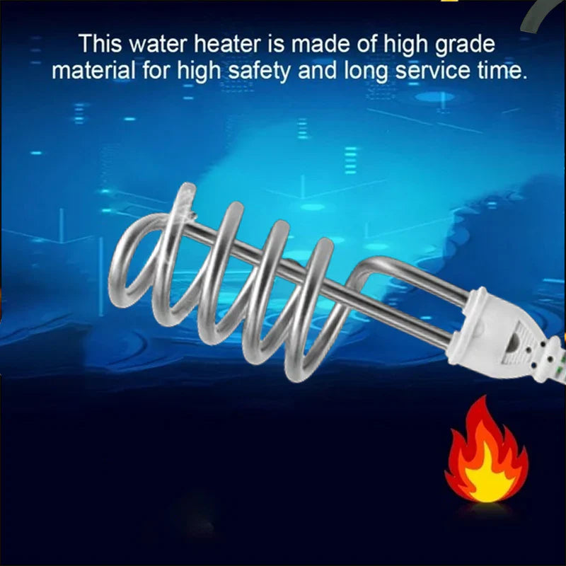 Metal water heater element with text about high-grade material and safety on a blue background.