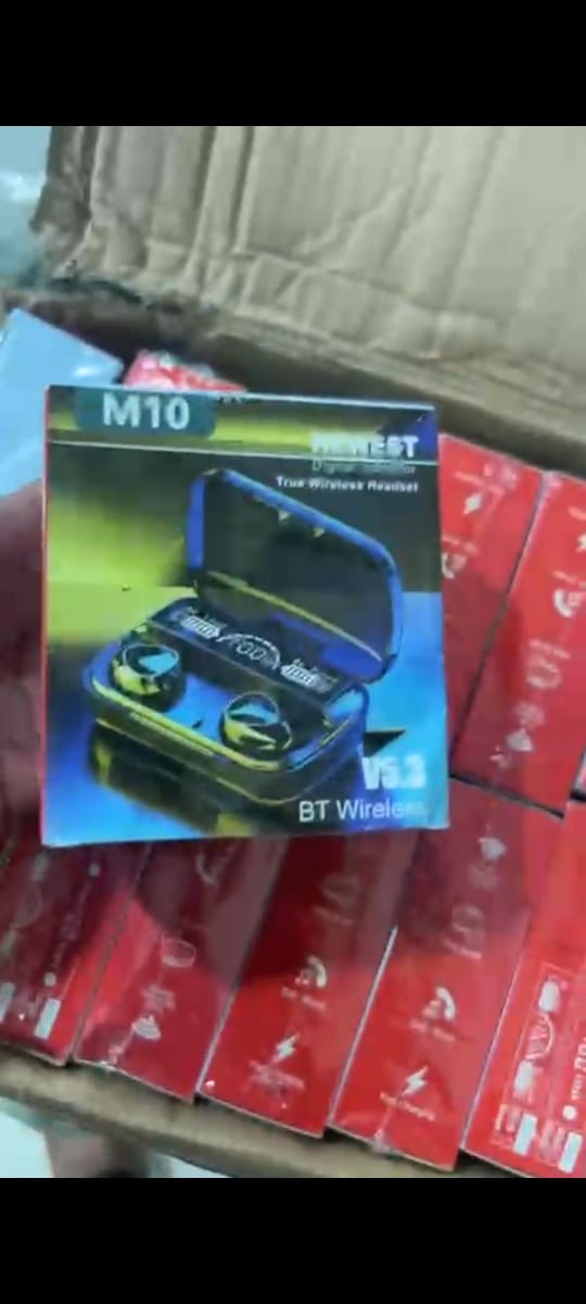 Packaging of M10 wireless earbuds with a cardboard background